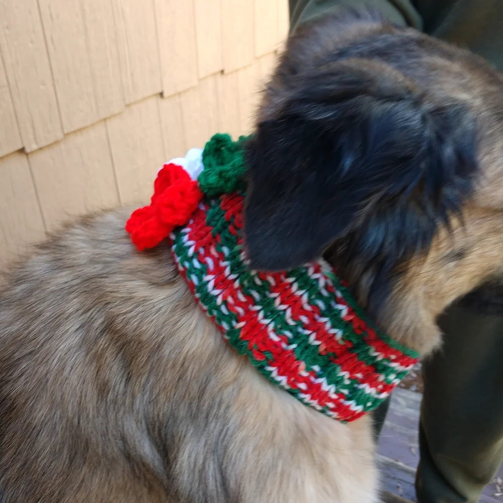 Pet Dog Collar Cover Hand Crafted Large Christmas Red White Green Accessory